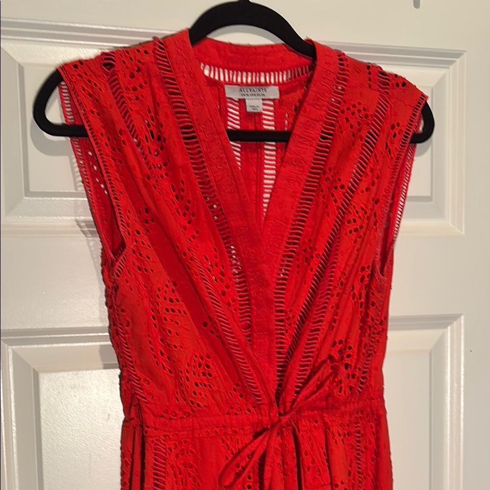 All Saints Red Ruched Ruffled Maxi Dress